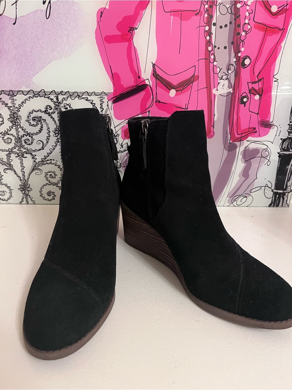 Toms Black Suede Wedge Ankle Booties - Size 6